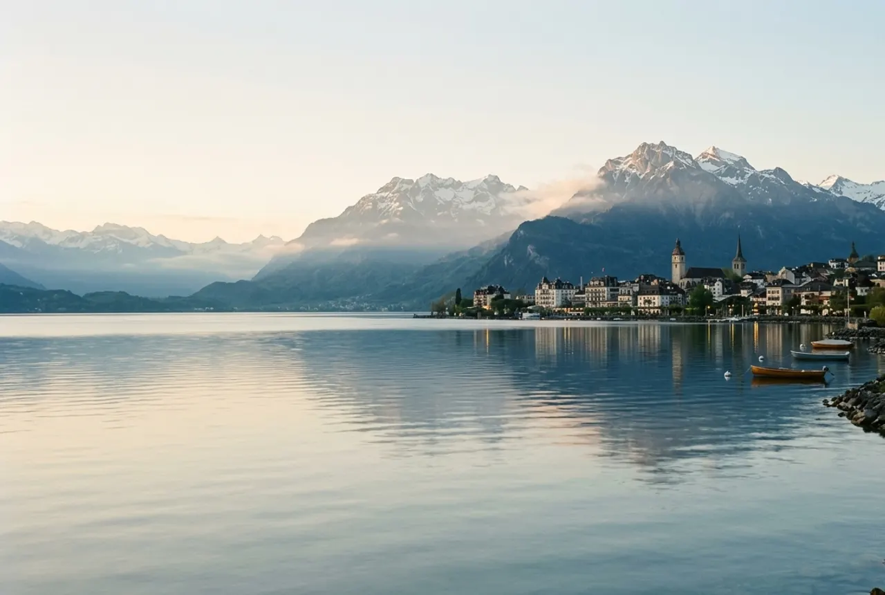 Lac Léman et ville suisse au petit matin